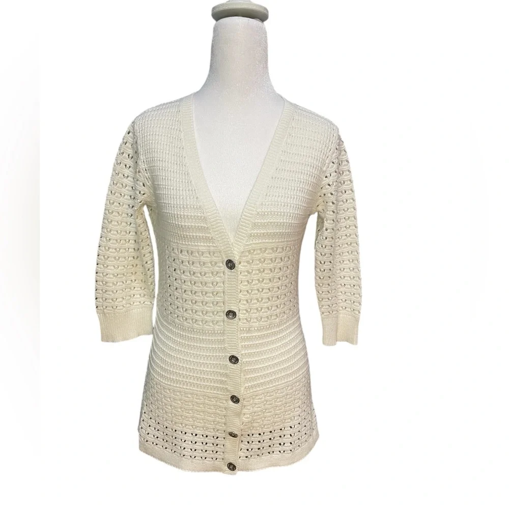 DKNY Women's Crochet V-Neck 3/4 Sleeve Button Up Cardigan - Picture 1 of 6